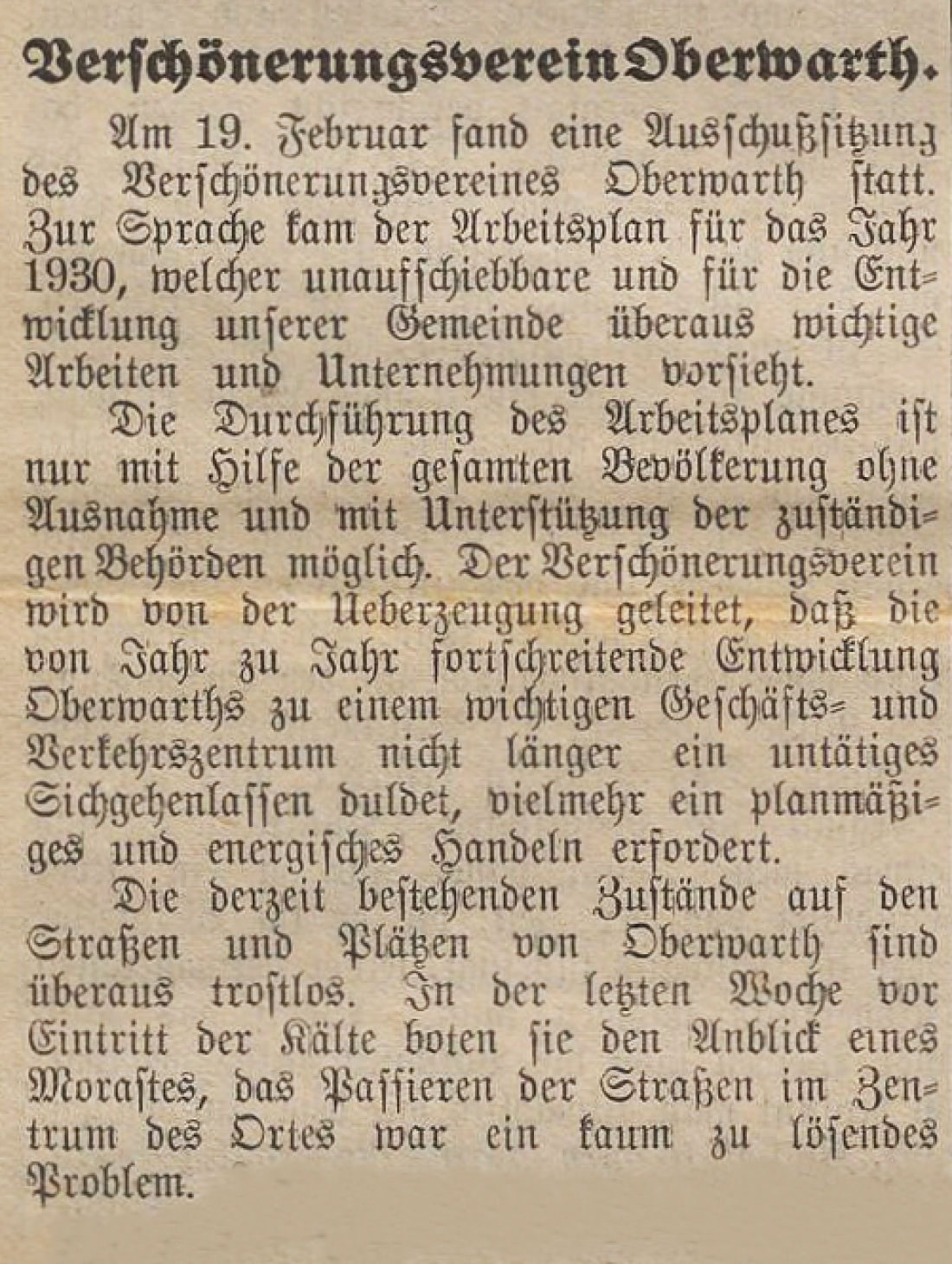 Oberwarther = Sonntagszeitung vom 9. März 1930: Ausschußsitzung des Verschönerungsvereines mit dem vorglegten Arbeitsplan für das Jahr 1930