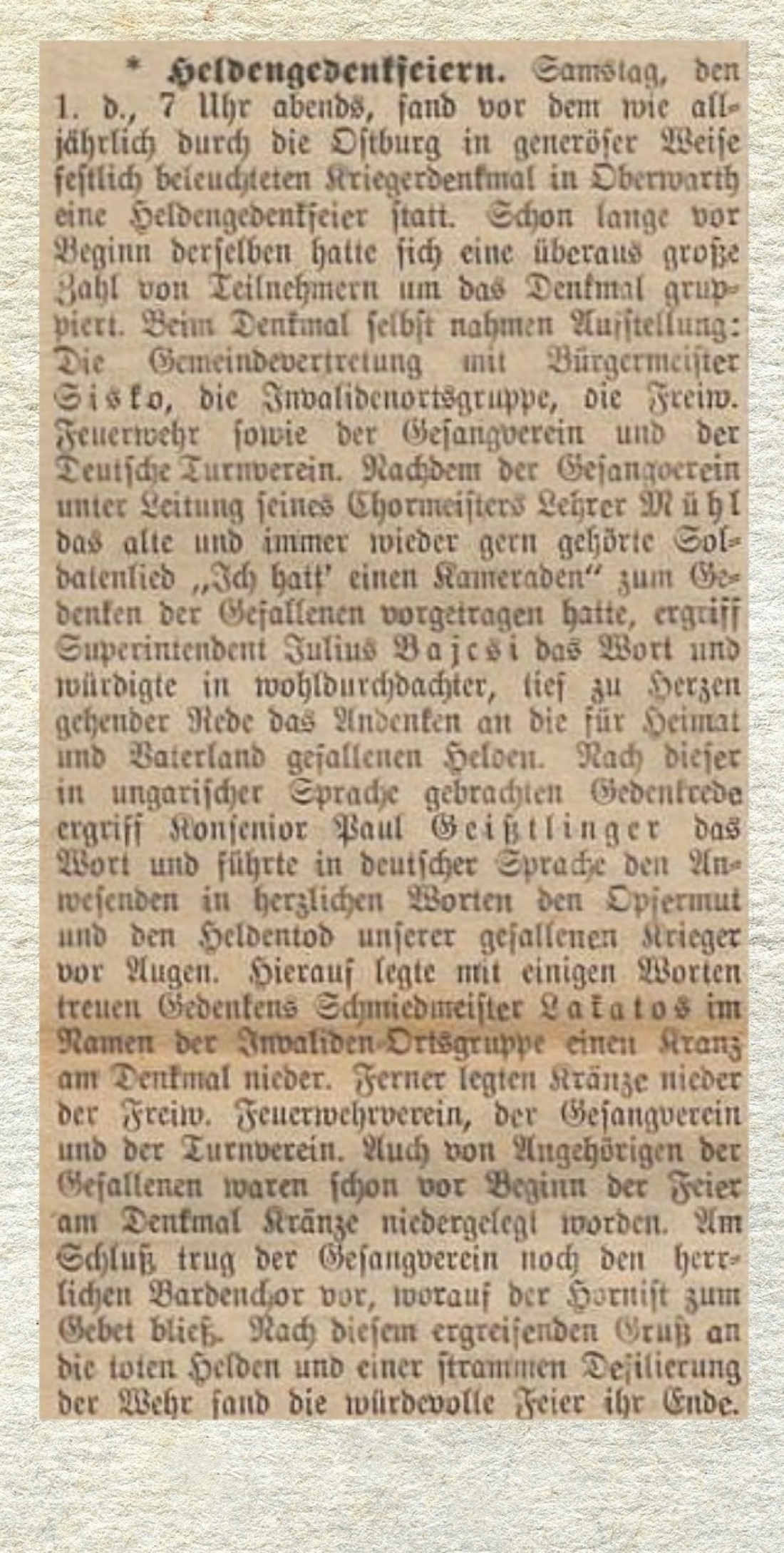 Artikel in der Oberwarther Sonntags = Zeitung vom 9. November 1930: Heldenehrung (Heldengedenkfeier/Friedensfeier) vor dem Kriegerdenkmal