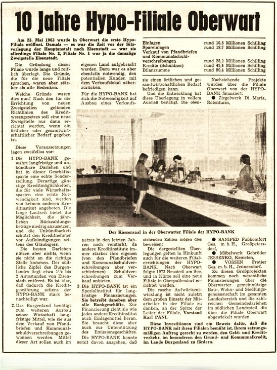 BF vom 30. Mai 1973: "10 Jahre HYPO-Filiale in Oberwart"