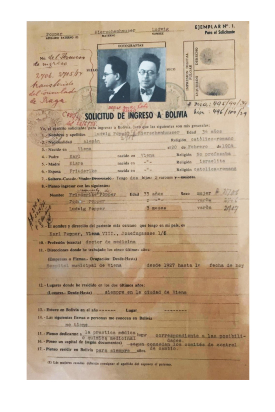 Auf der Flucht vor den NAZIS: Einreiseantrag nach Bolivien aus dem Jahr 1938 für Dr. Ludwig Popper jun. und seine Familie