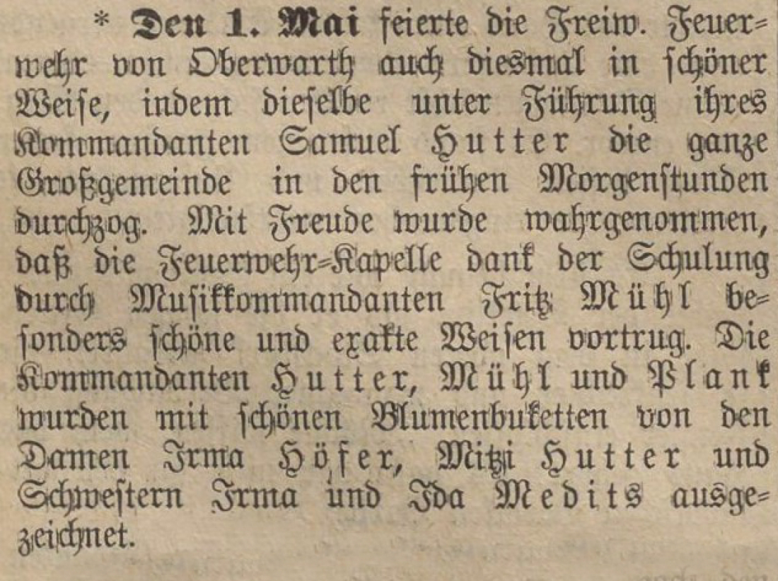 Oberwarther Sonntags = Zeitung vom 10. Mai 1931: Kurzbericht über den Marsch der Feuerwehr mit ihrer Kapelle zum 1. Mai