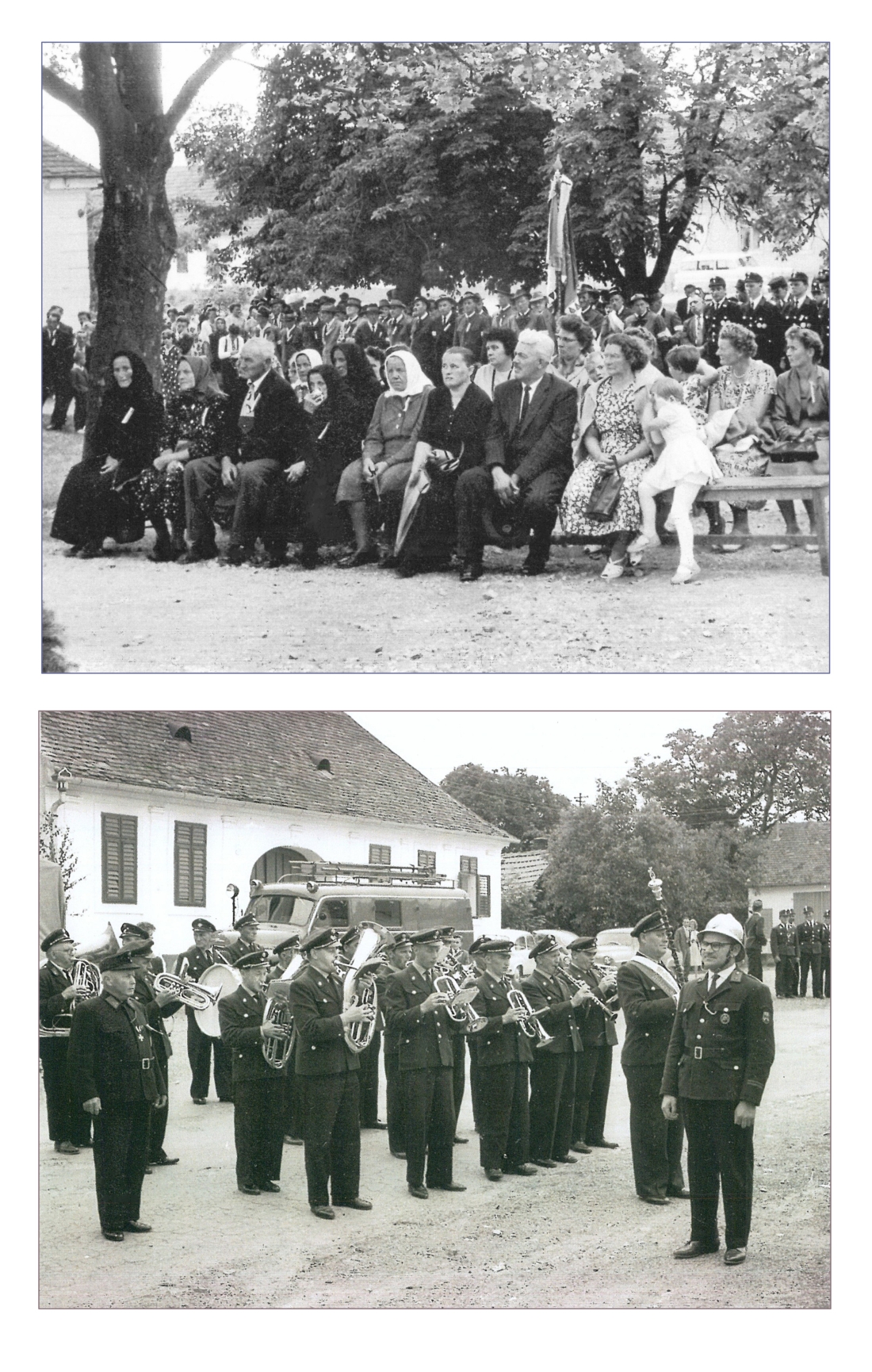 St. Martin: Weihe des neuen Kriegerdenkmals im Jahr 1962 - Gäste und die Ortskapelle Unterrohr warten auf den Beginn der Festveranstaltung (Javorits/Guger/Halper/Bernhard/Szelmes/Schuh/Marth)