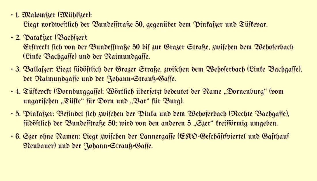 Die einzelnen "Szer" (frei übersetzt "Viertel") im Obertrum - nach Laszlo Somogyi "Die burgenländischen Magyaren"