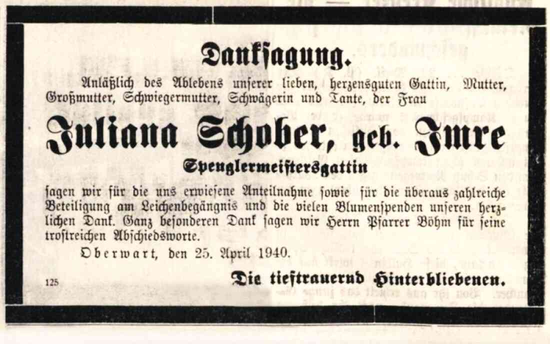 Danksagung anlässlich des Ablebens von Juliana Schober (geb. Imre, *1880/+1940) in der Oberwarther Sonntags = Zeitung vom 28. April 1940