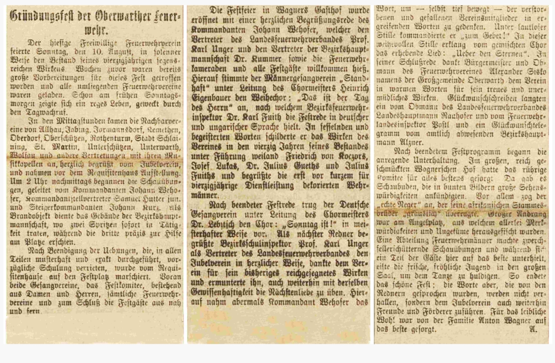 Artikel in der Oberwarther = Sonntagszeitung: Gründungsfest der Oberwarther Feuerwehr
