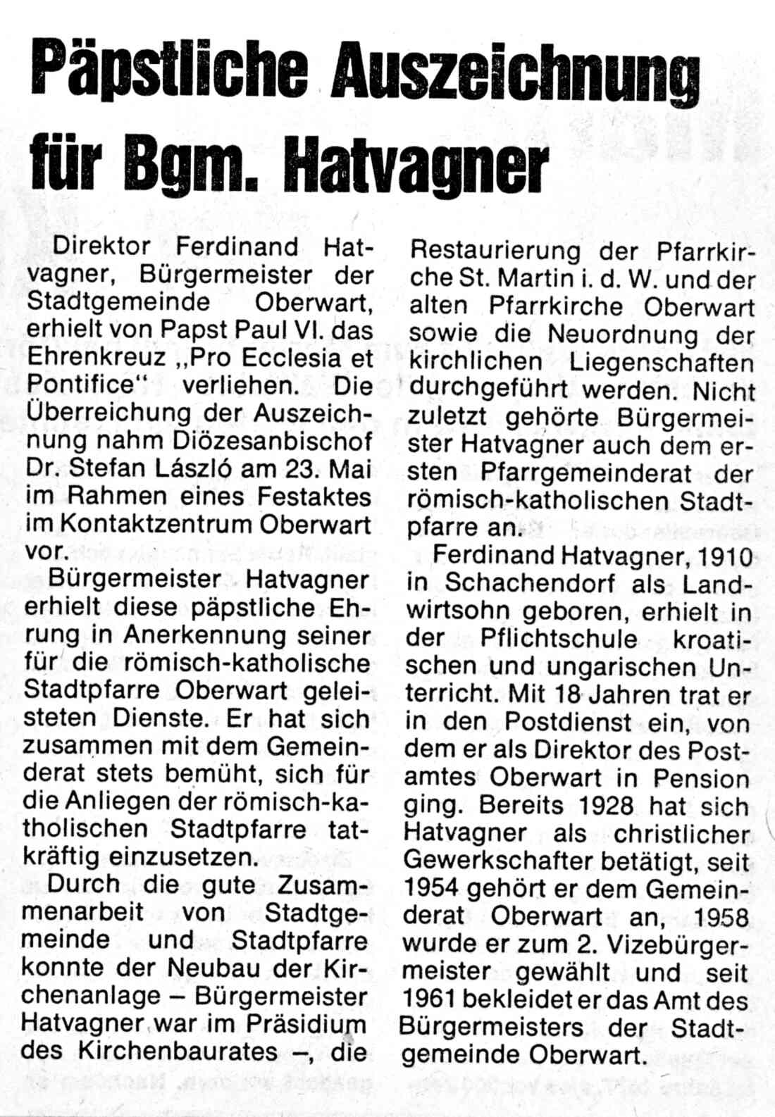 Röm. kath. Pfarre: Artikel zur Verleihung des Ehrenkreuz "Pro Ecclesia et Pontifice" an Dir. Ferdinand Hatvagner