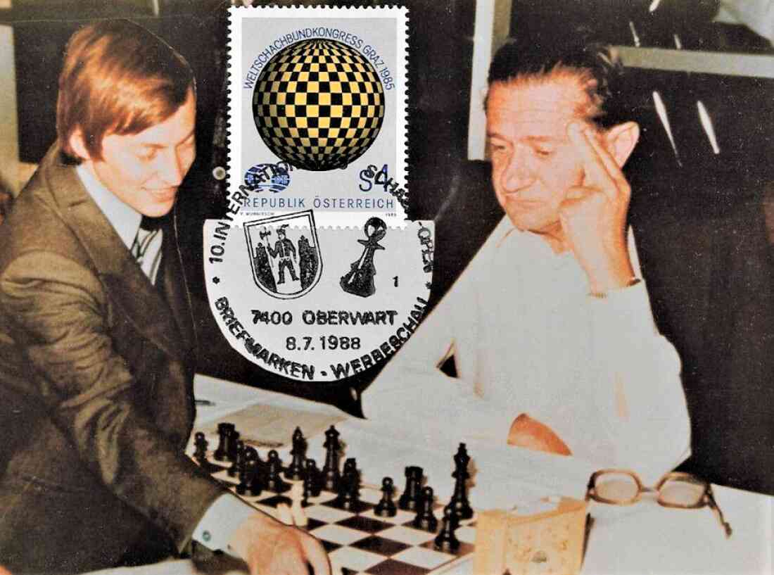 Anatoly Karpov und Gustav Geschrey beim 10 Int. Schach-Open in Oberwart