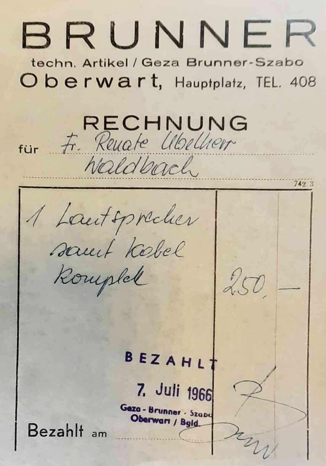 Rechnung des Technischen Fachgeschäfts Geza Brunner-Szabo (Hauptplatz6)