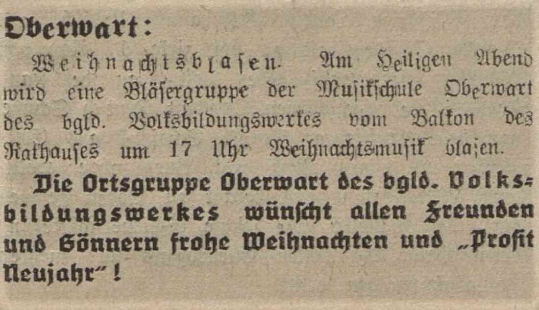 Ankündigung in der Oberwarter Zeitung: Weihnachtsblasen (Stadtkapelle)