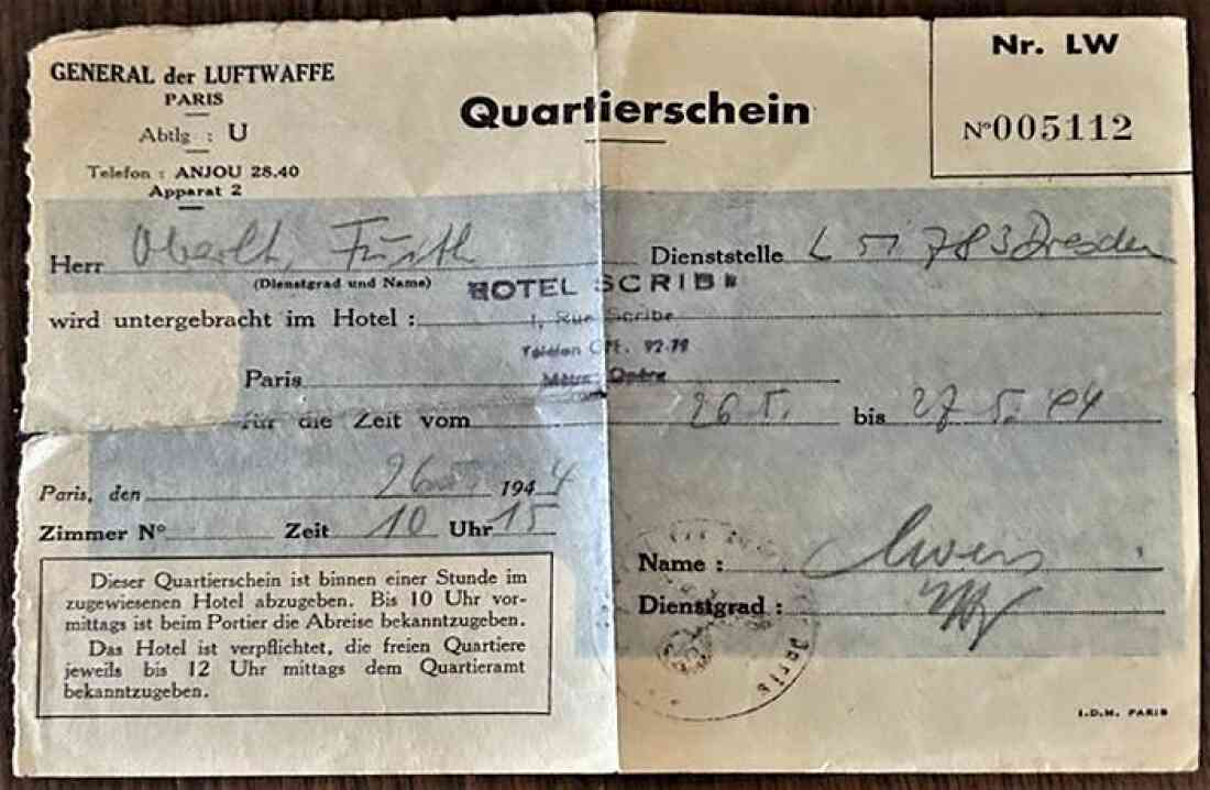 Quartierschein von Dr. Ladislaus Fuith (*1914/+1969) als Oberleutnant der Wehrmacht im Hotel "Scribe" in Paris