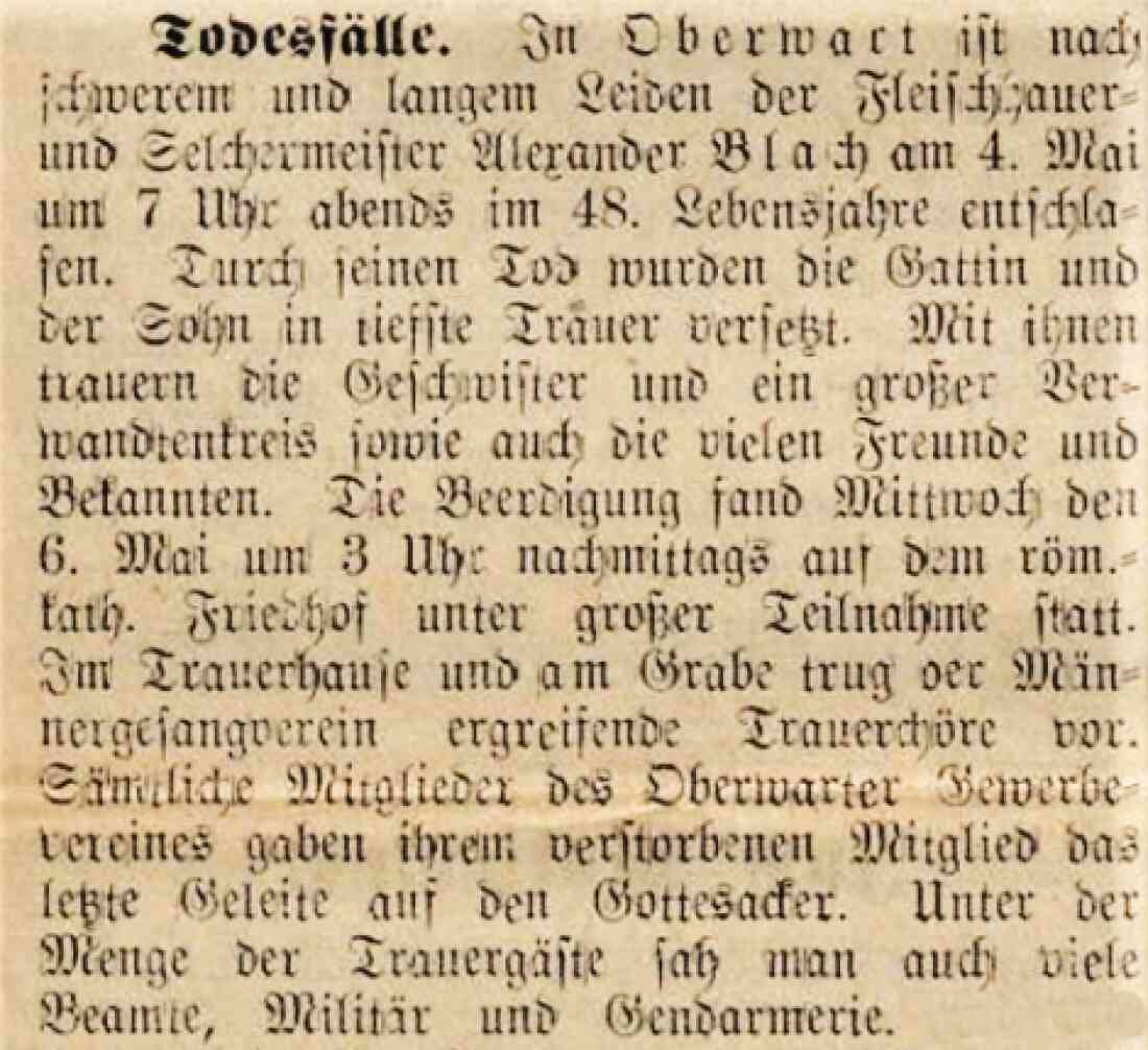 Artikel in der Oberwarther Sonntagszeitung vom 10. Mai 1936 zum Tod von Fleischhauermeister Alexander Blach (*1888/+1936)