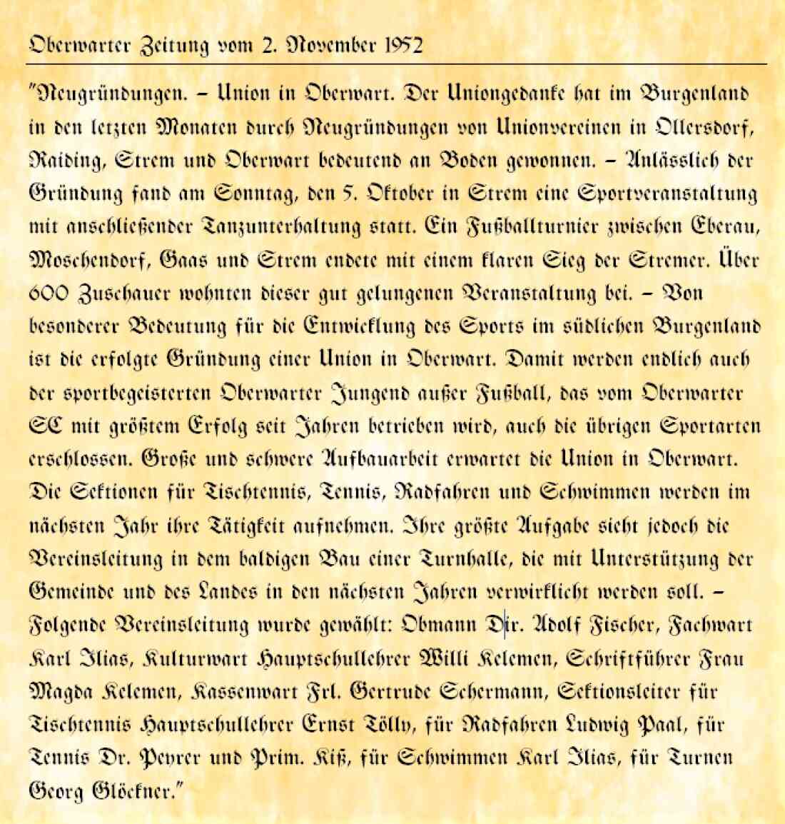 Artikel in der Oberwarter Zeitung vom 2. November 1952 "Gründung der Union Oberwart"