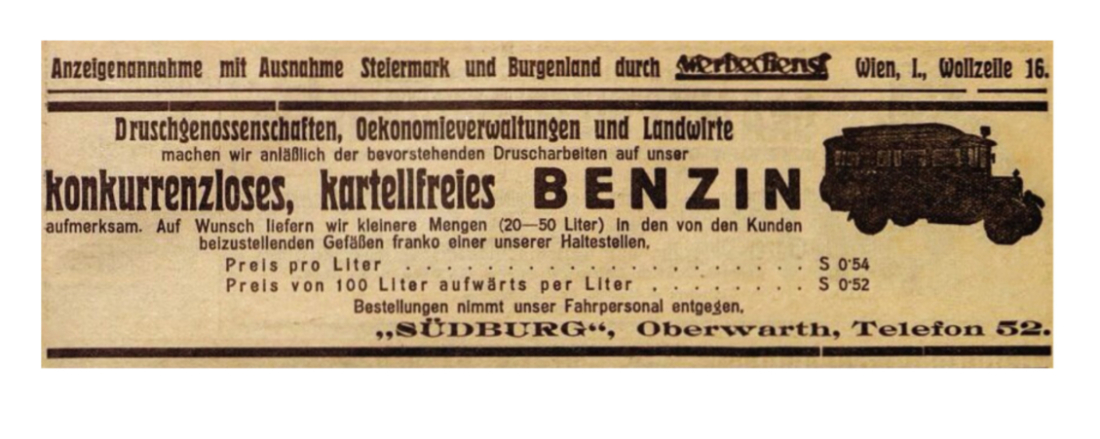 Südburg: Inserat in der Oberwarther Sonntags-Zeitung vom 6. August 1933 - Konkurrenzloses, kartellfreies Benzin
