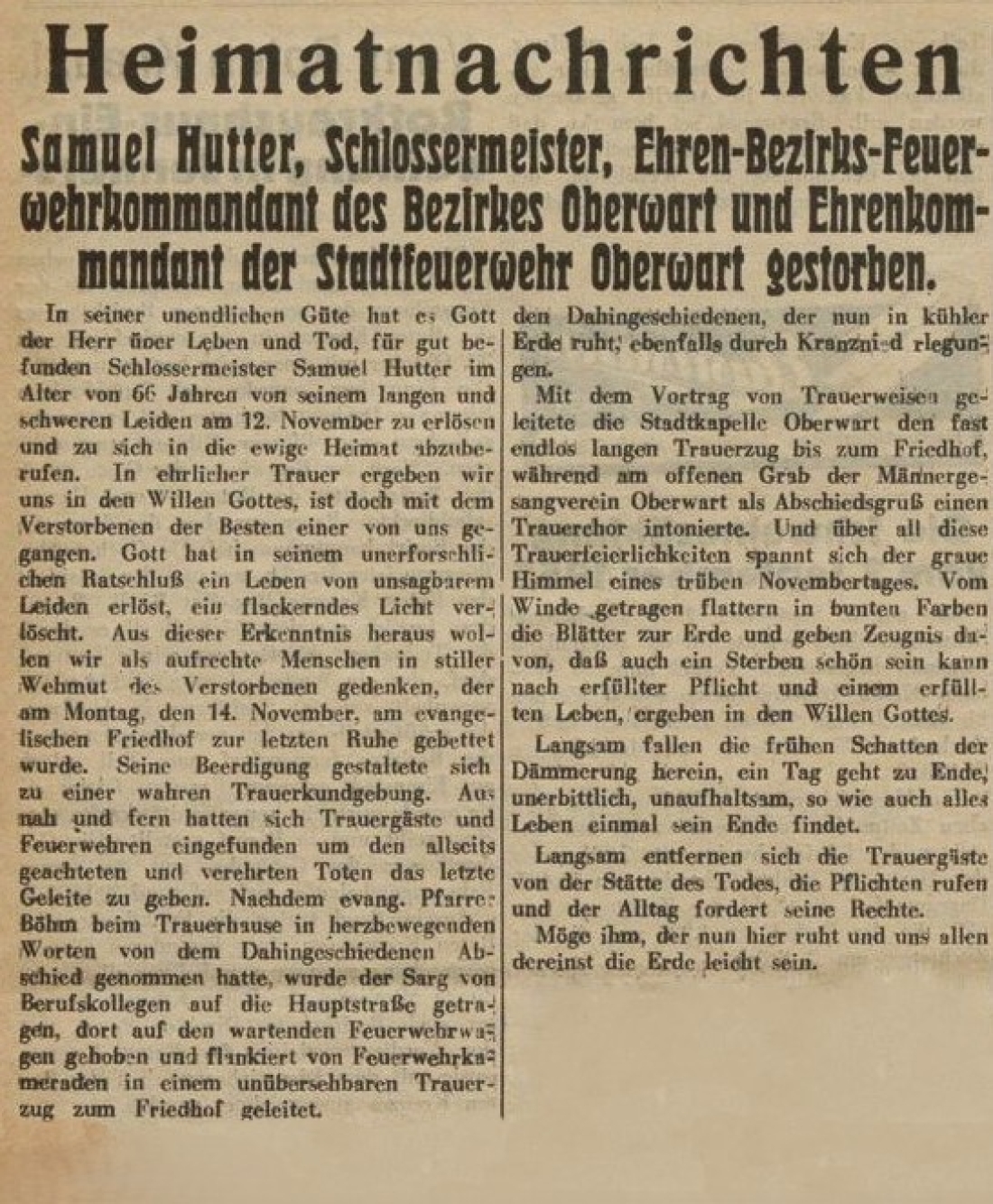 Oberwarter Zeitung vom 20. November 1955: Samuel Hutter, Schlossermeister, Ehren-Bezirks-Feuerwehrkommandant des Bezirkes Oberwart und Ehrenkommandant der Stadtfeuerwehr Oberwart gestorben