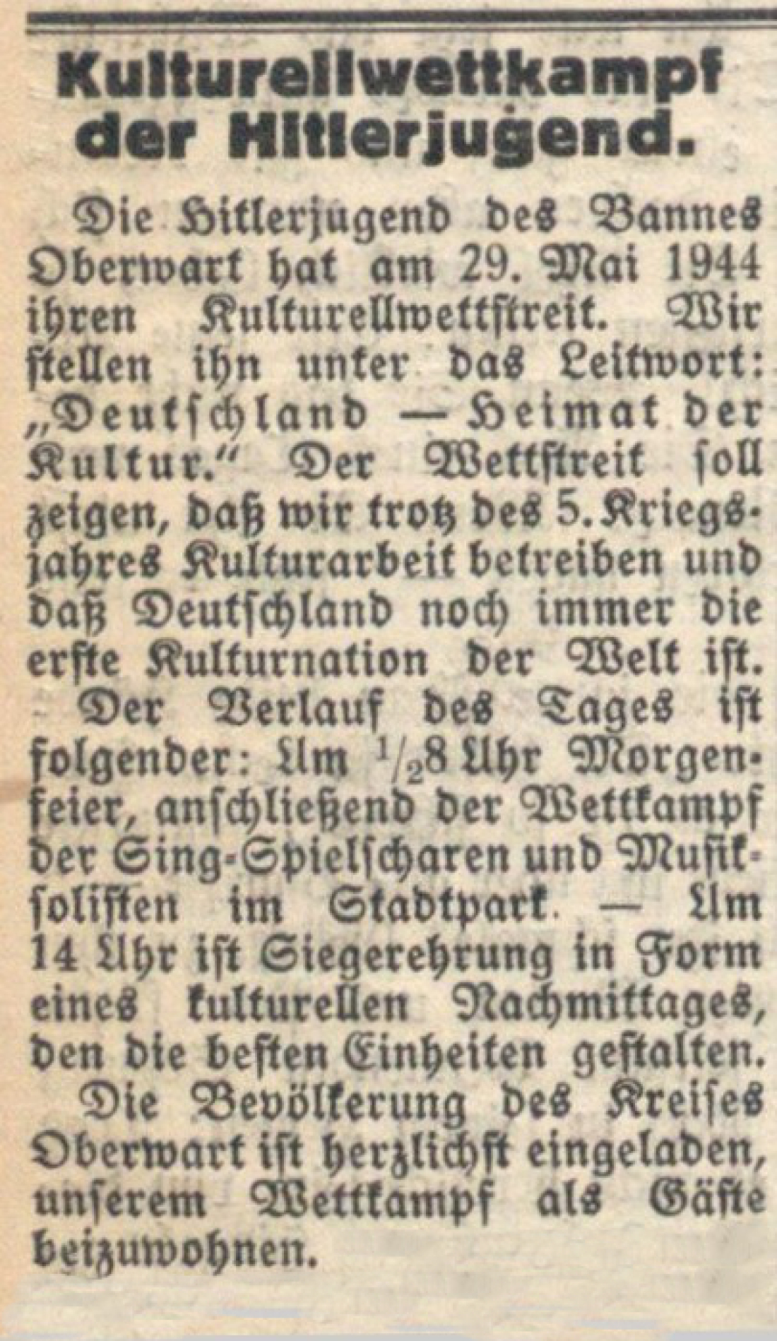 Oberwarther Sonntags = Zeitung vom 19. April 1944: Einladung des NAZIS zum Kulturellwettkampf der Hitlerjugend