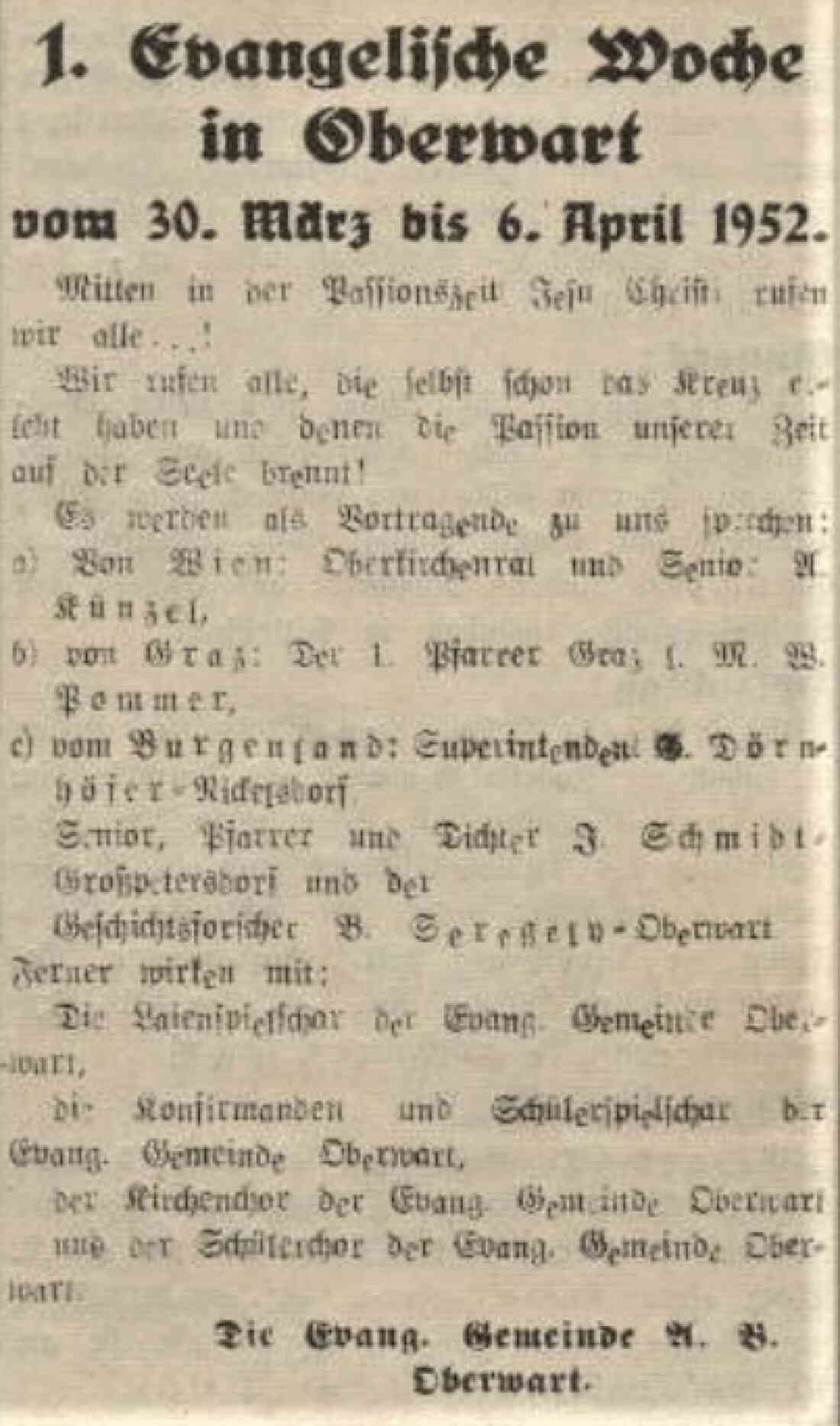 Ankündigung der "1. Evang. Woche" der evang. Pfarrgemeinde AB in der Oberwarter Zeitung vom 16. März 1952