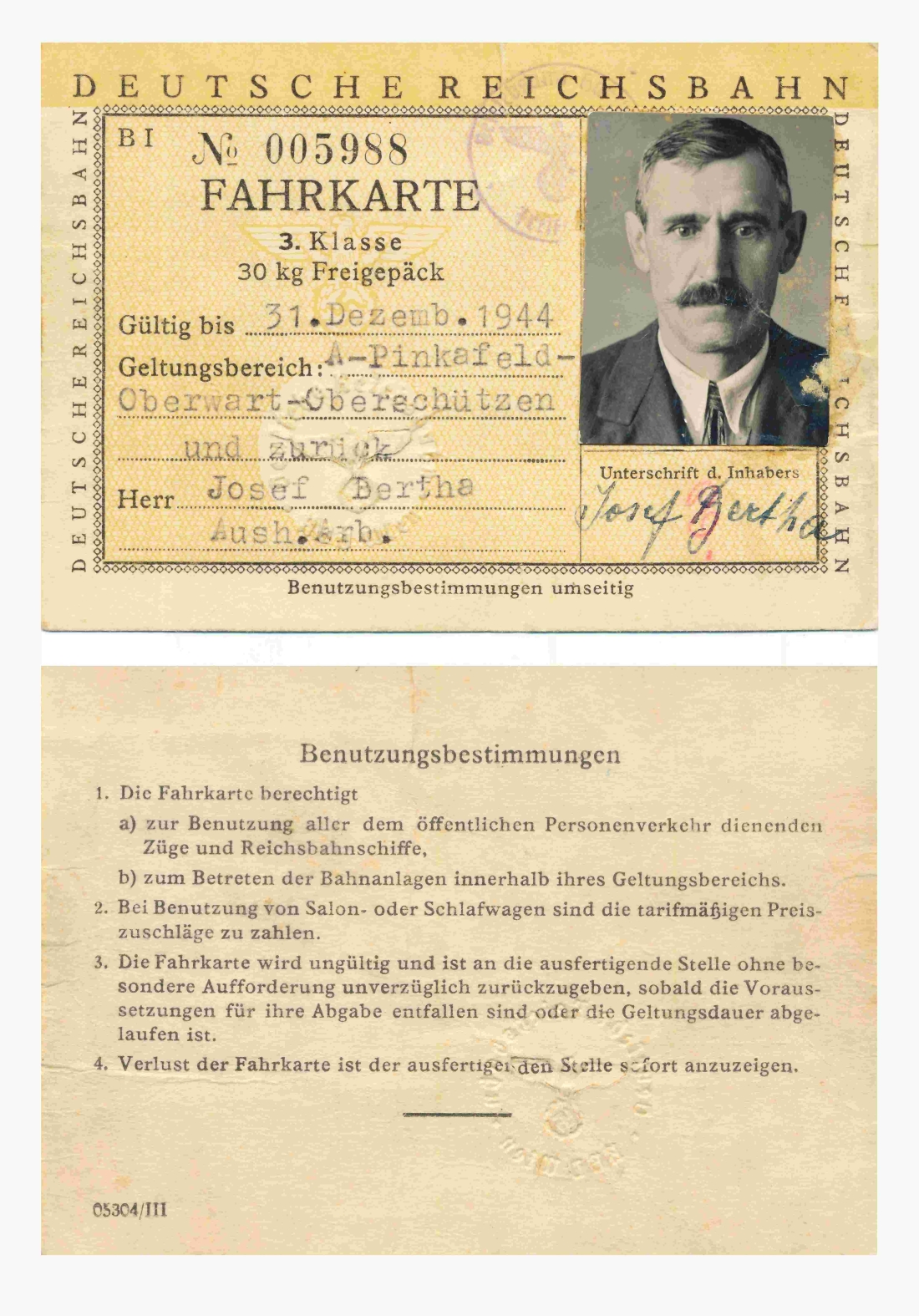 Dauerfahrkarte der Deut. Reichsbahn für die Strecke Alt Pinkafeld-Oberwart-Oberschützen von Aushilfsarbeiter Josef / Jozef Bertha (*1888/+1978)