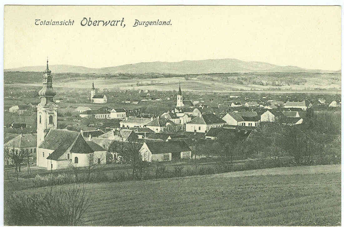 Ansichtskarte: Blick über Oberwart mit den drei Kirchen und der Synagoge