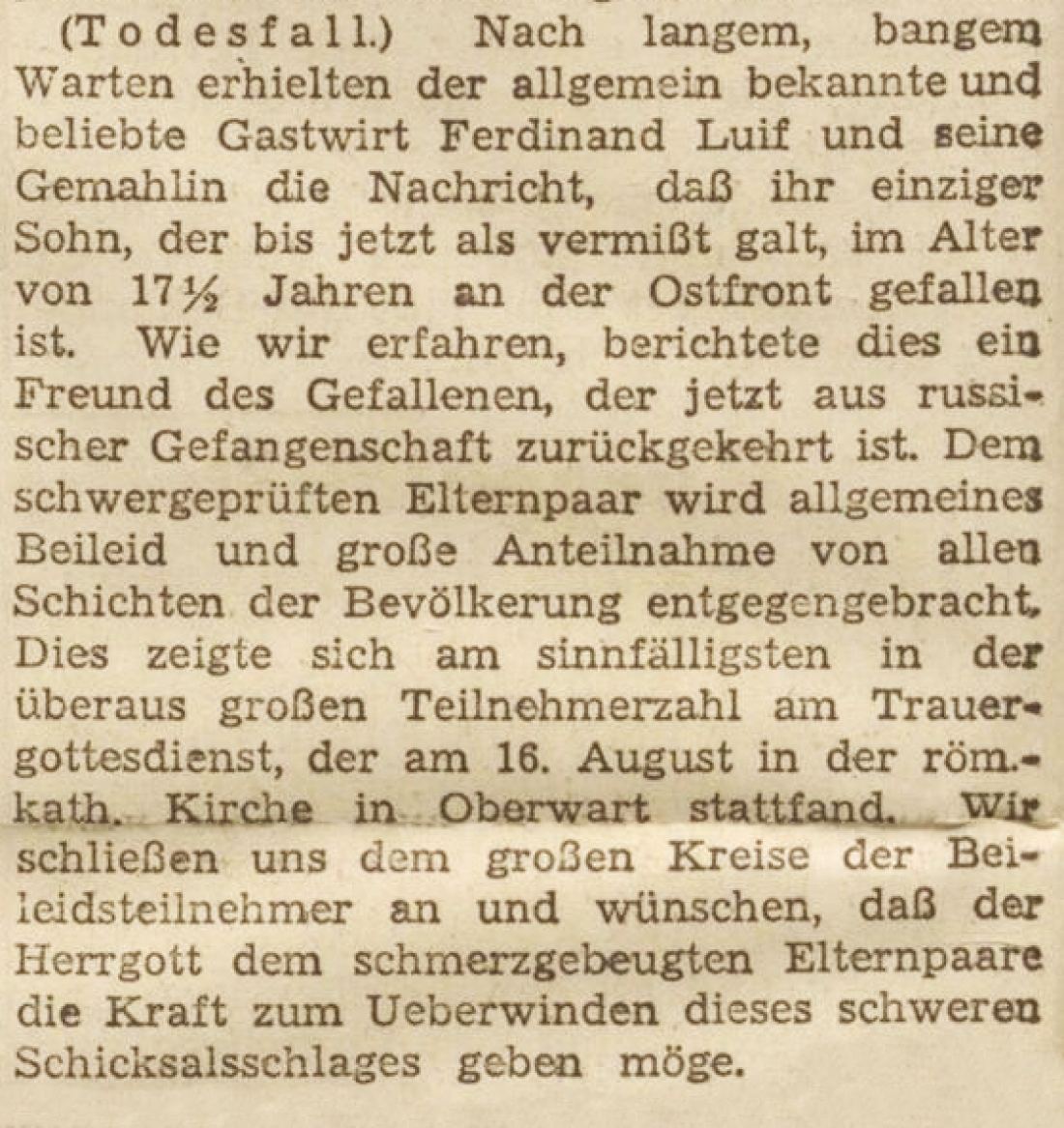 Kurzer Bericht im Bgld. Volksblatt zum Ableben von Wilhelm Luif (*1927/+1945 als Soldat der Deut. Wehrmacht) - OW 152/ Wienerstraße 1