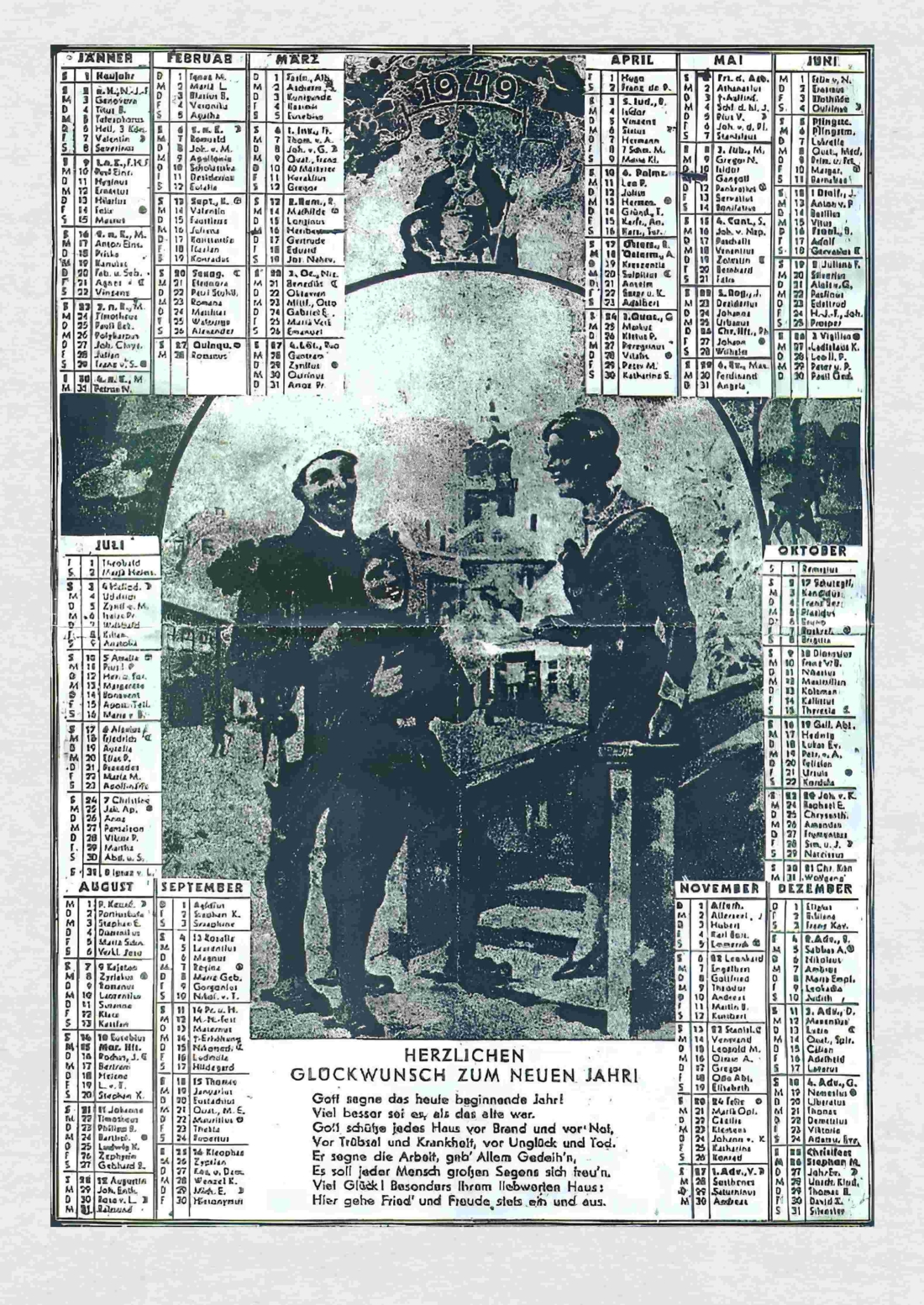 Rauchfangkehrer-Kalenderblatt aus dem Jahr 1949 mit Neujahrsgruß