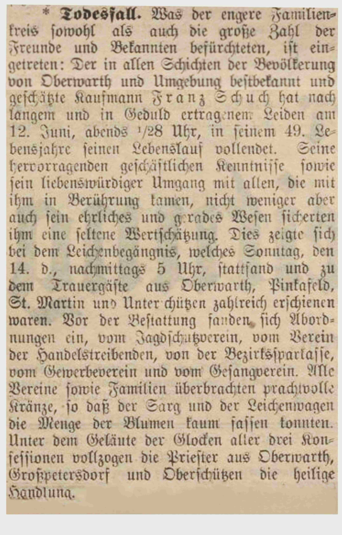 Nachruf in der Oberwarther Sonntags = Zeitung vom 21. Juni 1931 anlässlich des Ablebens von Kaufmann Franz Schuch