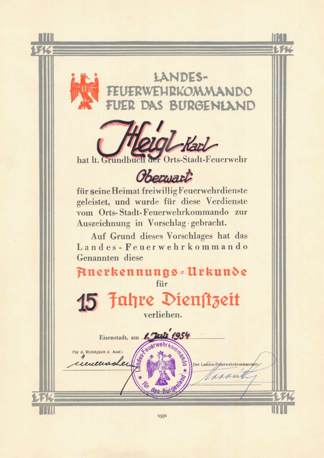 Stadtfeuerwehr: Anerkennungsurkunde für Karl Heigl (*1924/+2000) für 15 Jahre FF-Dienst