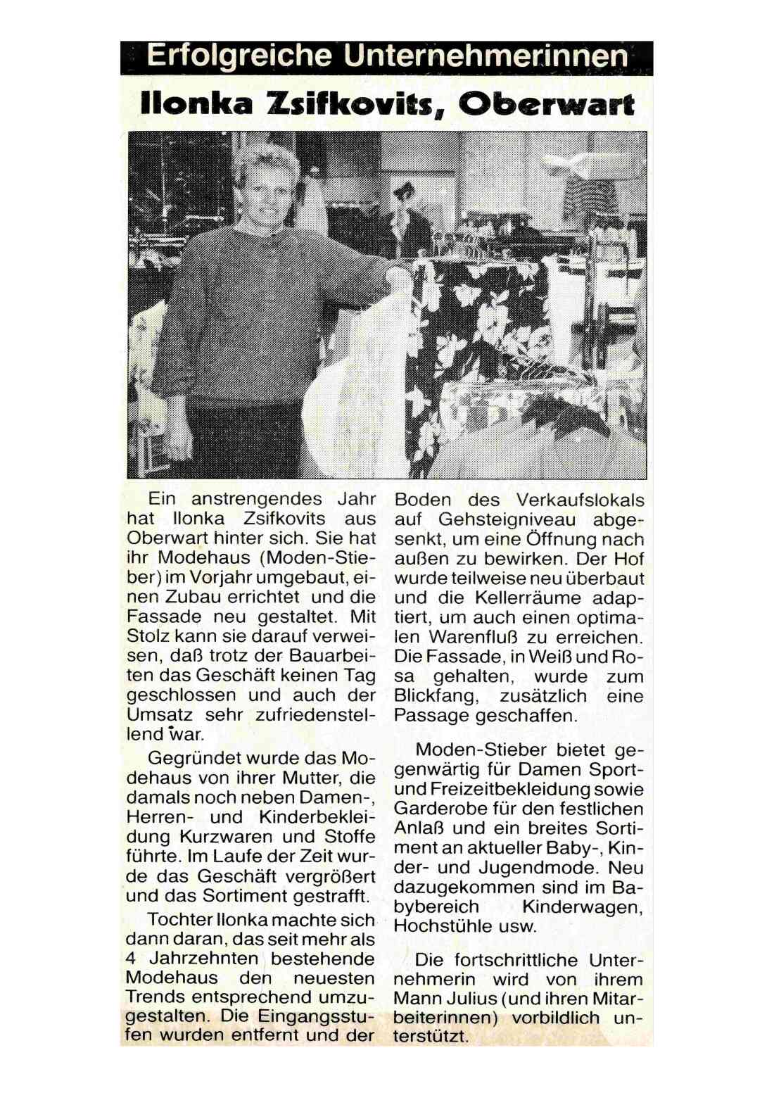 Geschäftslokal "Moden Stieber" (Hauptplatz 8): Artikel in der BRO anlässlich des Generalumbaus 1988/1989 durch Helene Zifkovits