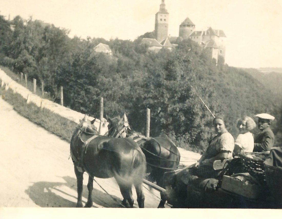"Sonntagsausflug" - Fam. Heid-Hanusch mit dem Rossgespann vor der Burg Schlaining