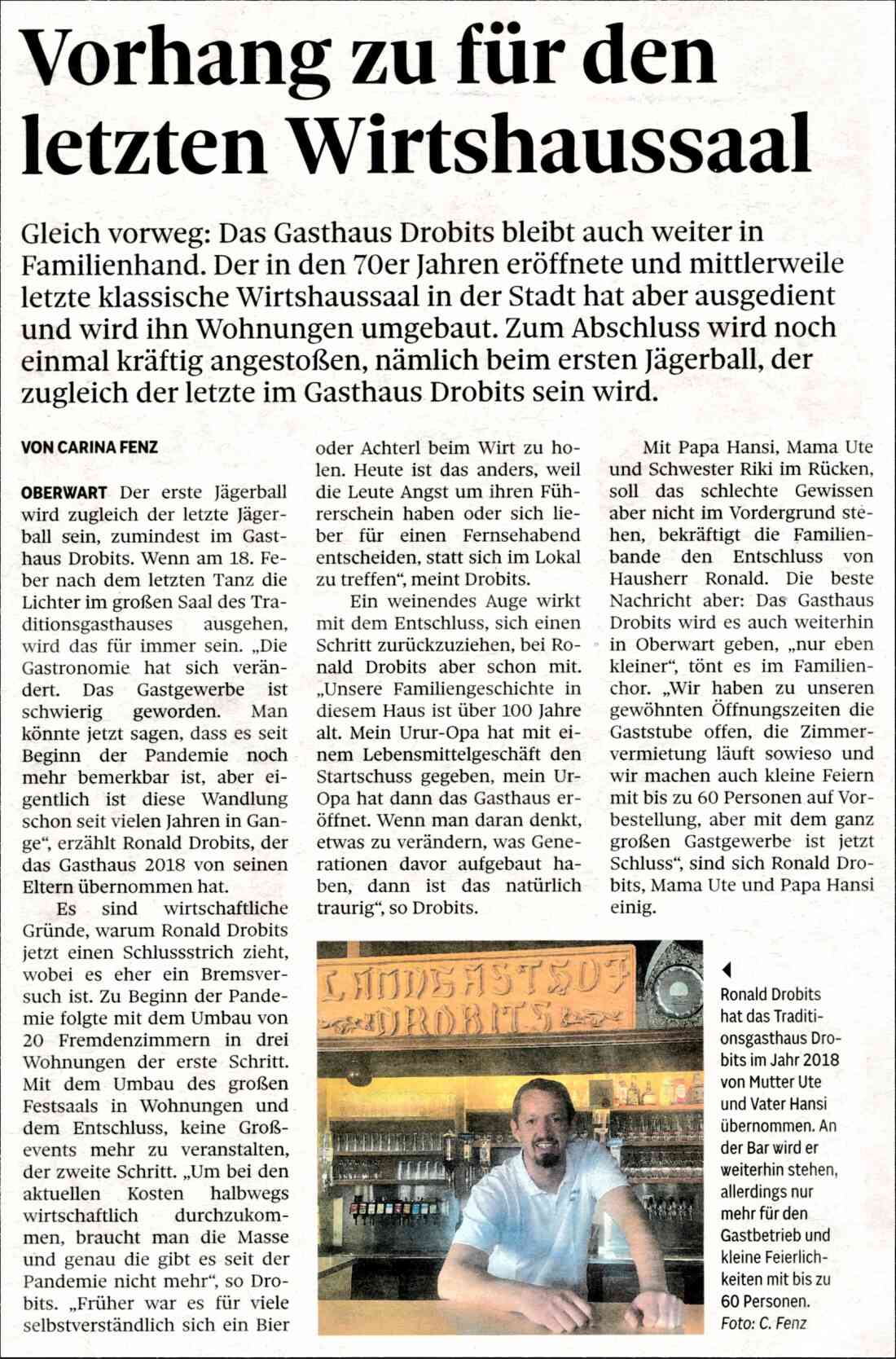 Artikel in der BVZ: Landgasthof´s Drobits letzter Ball