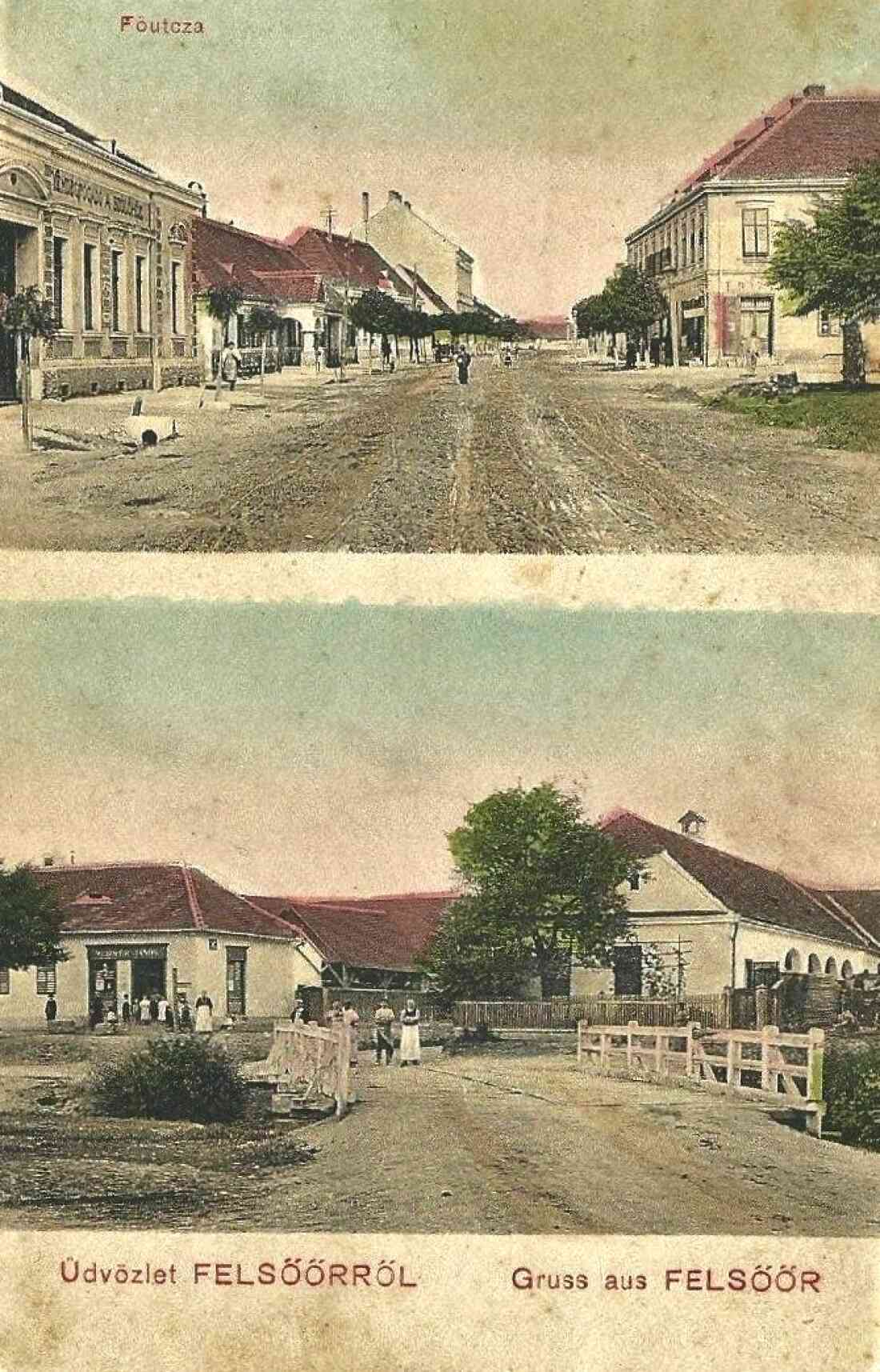 Ansichtskarte: "Üdvözlet Felsöörröl" - "Gruß aus Oberwart" (Hauptplatz - Wienerstraße; Bachgasse)