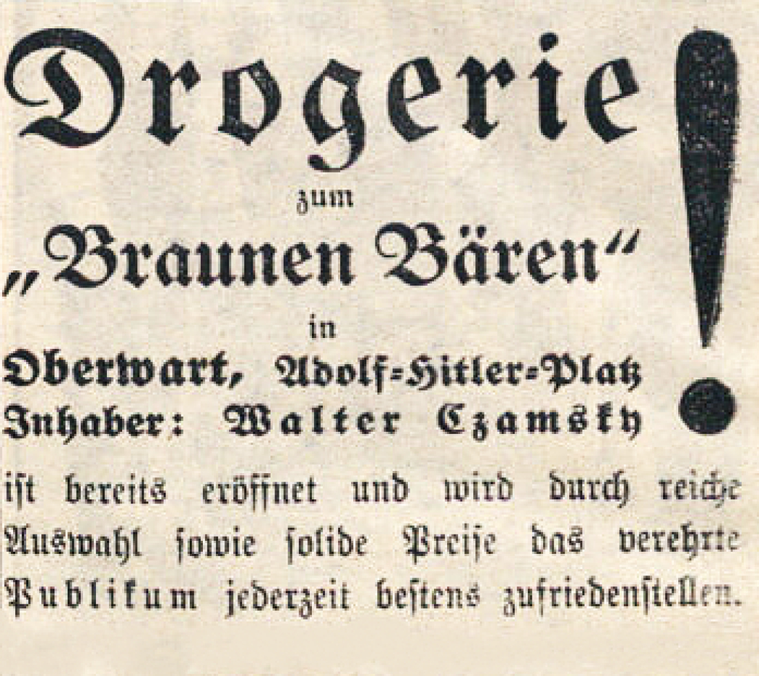 Inserat in der Oberwarther Sonntags = Zeitung vom 5. November 1939 der "Drogerie zum Braunen Bären" Walter Czamsky