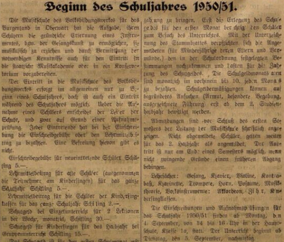 Oberwarter Zeitung vom 27. August 1950: Hier spricht das Volksbildungswerk - Mitteilungen der Musikschule Oberwart für den Beginn des Schuljahres 1950/51