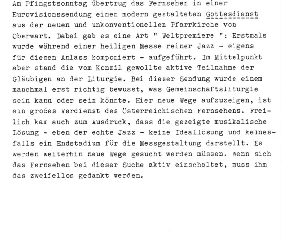 Röm. kath. Pfarre: Meldung von "Kath-Press" zur Übertragung der Oberwarter-Messe von Erich Kleinschuster per Eurovision