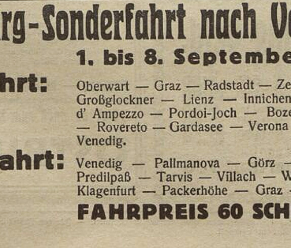 Announce in der Oberwarther Sonntags = Zeitung: Südburg - Sonderfahrt nach Venedig