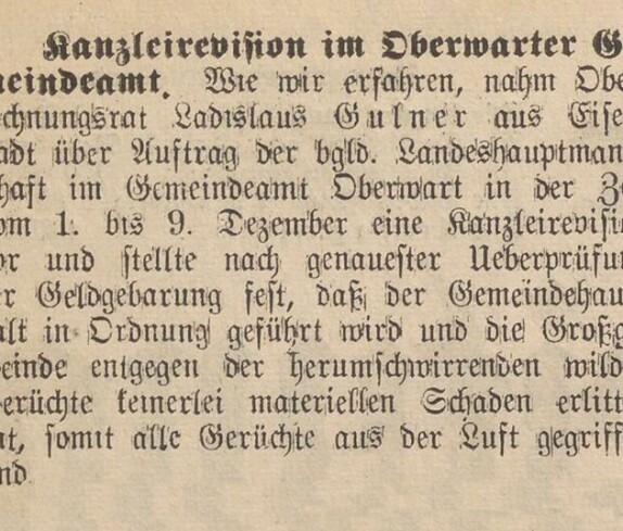 Oberwarther = Sonntagszeitung vom 19. Dezember 1937: Kanzleirevision im Oberwarter Gemeindeamt zur Zeit von Bürgermeister Alexander Sisko