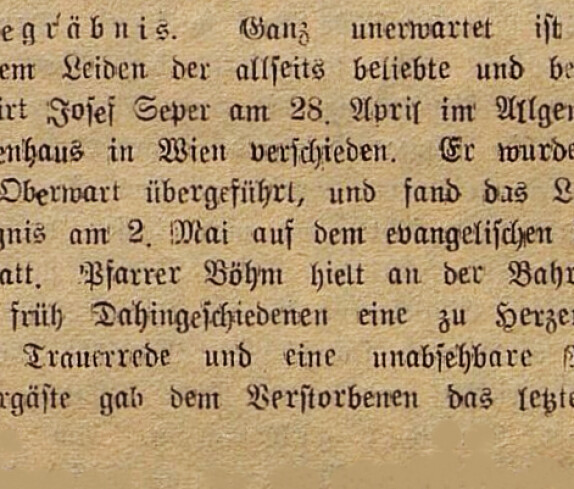 Bericht in der Oberwarter Zeitung vom 7. Mai 1950 zum Tod von Gastwirt Josef Seper (*1903/+1950)