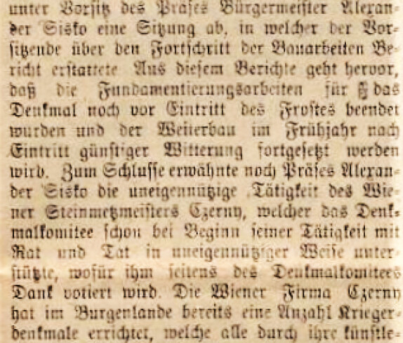 Bericht in der Oberwarter Zeitung vom 3. Dezember 1922 zum Bau des Kriegerdenkmals