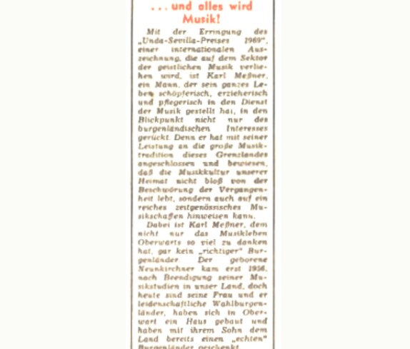 Artikl in der BF vom 22. Mai 1969 zum Gewinn eines Kompositionspreises von Karl Messner - "Unda-Sevilla-Preis 1969"
