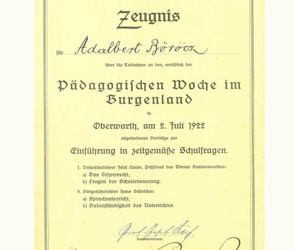Adalbert Böröcz: Zeugnis über die Teilnahme an der Pädagogischen Woche des kath. Lehrervereins für das Burgenlands 1922