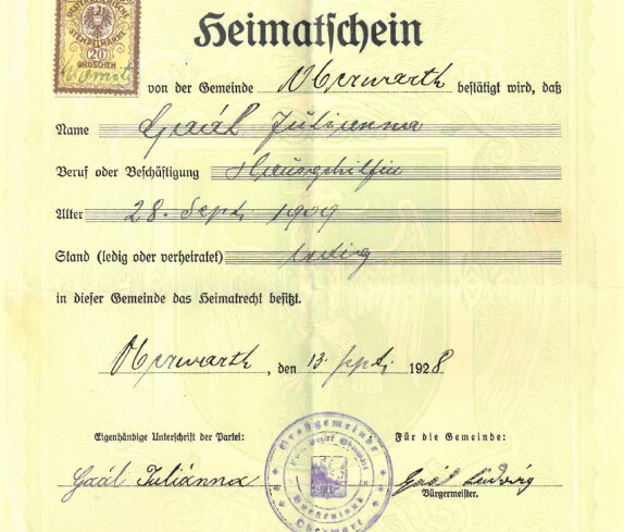 Heimatschein von Julianna Gaal, Hausgehilfin (*1909 /+1994)