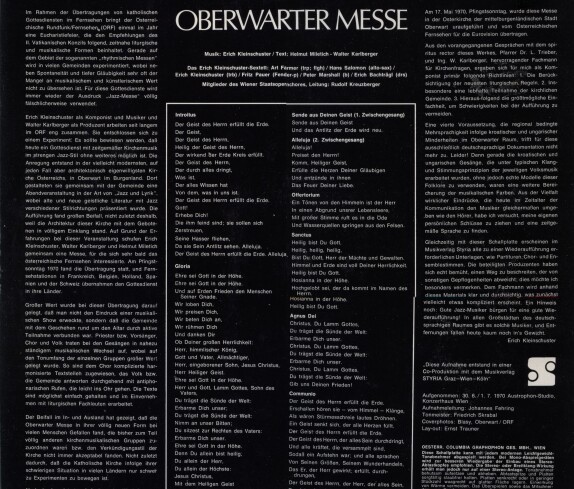 Röm. kath. Pfarre: Oberwarter Messe (Schallplattencover Rückseite) in der Osterkirche