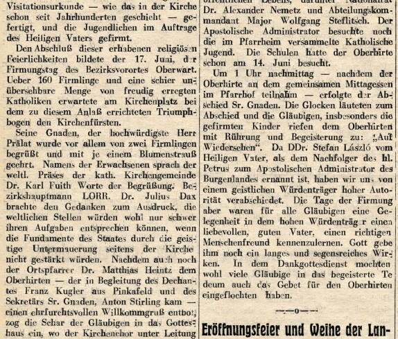 Bericht über die "Oberhirtliche Visitation und Firmung" sowie die "Eröffnungsfeier und Weihe der Landeslehranstalt für hauswirtschaftliche und gewerbliche Frauenberufe" in der Oberwarter Zeitung (später OZ)