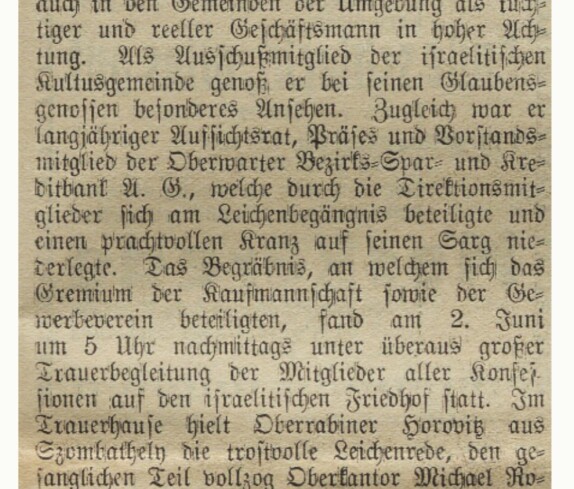 Jüdische Gemeinde: Bericht in der Oberwarther Sonntags = Zeitung vom 9. Juni 1935 zum Ableben von Kaufmann Gustav Löwy (*1860/+1935)