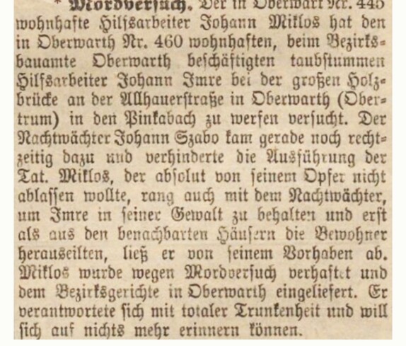 Die Oberwarther Sonntags = Zeitung vom 23. Aug. 1925 berichtet: "Mordversuch in Oberwarth"