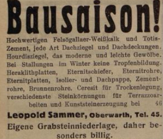 Inserat der Fa. Leopold Sammer (später Samer) - Baustoffe, Dachdeckerei und Grabsteinniederlage (Steinamangererstraße 22) am 7. Mai 1933 in der Oberwarther Sonntags = Zeitung