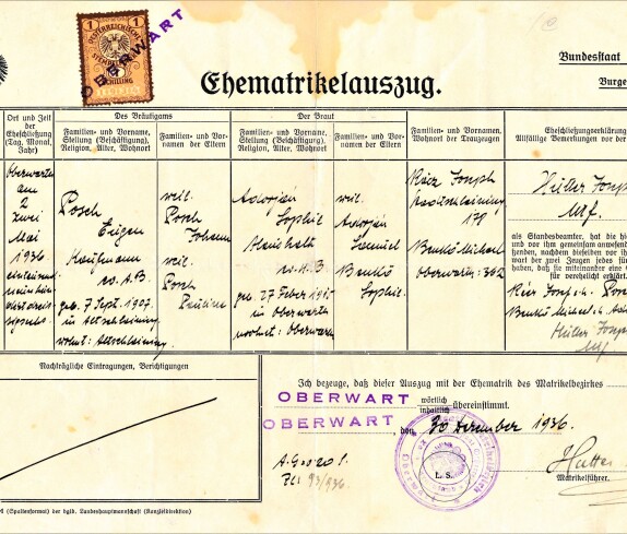 Ehematrikelauszug zur Hochzeit von Eugen Posch und Sophie Adorjan am 2. Mai 1936