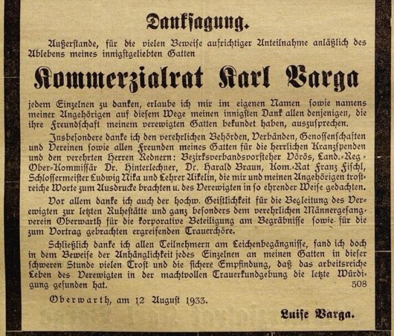 Danksagung der Witwe Luise Varga (*1991/+1937) anlässlich des Ablebens KR Karl Varga (*1885/+1933) in der Oberwarther Sonntags = Zeitung vom 13. August 1933
