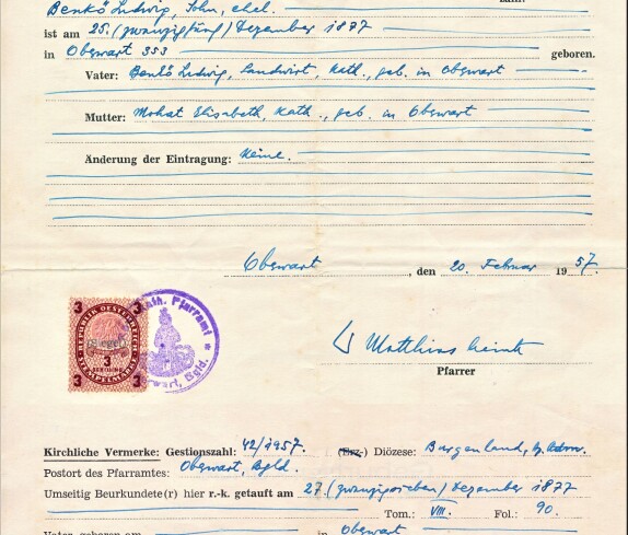 Dublikat der Geburtsurkunde von Ludwig Benkö (*1877 / +1926), Oberwart 446 / Konskriptionsnummer 578 / Graf Erdödystraße 75 (39)