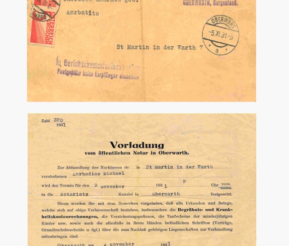 Vorladung von Notar Stefan Hrabovszky / Oberwart zur Regelung des Nachlasses nach Michael Korbadits / St. Martin