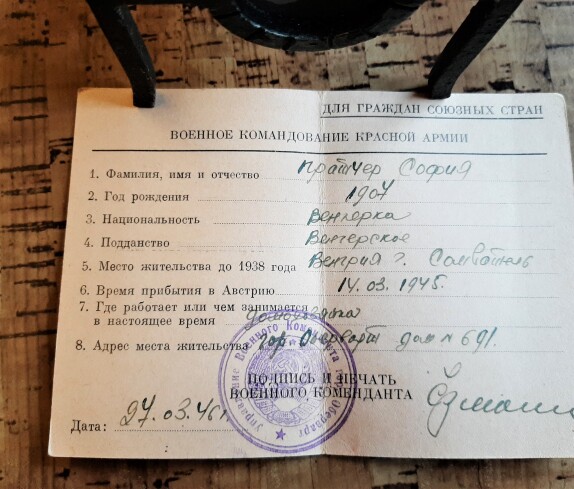 Sofie Pratser: Legitimationskarte des Militärkommandos der Roten Armee in Oberwart